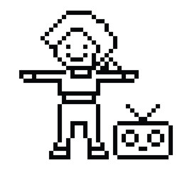 Cartoon pixel character cute woman exercises training dance lifestyle music decoration life style 8 bit female girl dance with music game 8bit fitness isolated PNG vector.