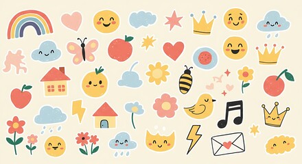 Funky childish doodles and icons drawn with crayon. Cute kid scribble doodle icons set. Child games, toys and drawings. Hand drawn cute vector illustrations. Flower, heart, cloud, car, animals, house