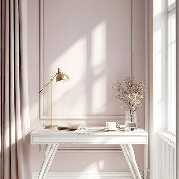 A minimalist workspace bathed in sunlight. A white desk with marble top sits by a window, featuring a lamp, book, and delicate floral arrangement.