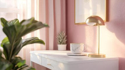 Sunlight streams into a room, illuminating a minimalist workspace with a gold lamp, marble cup, and plant.