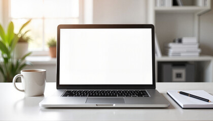Fototapeta premium Laptop Mockup With Screen Placeholder on a desk with plant and cup