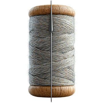 Grey Linen Thread Spool with Needle Close up Studio Shot of Sewing Supplies
