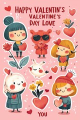 Naklejka premium Valentine's Day sticker sheet with cute cartoon characters and hearts
