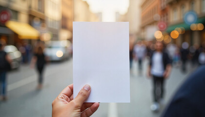 Hand holding blank flyer in urban street