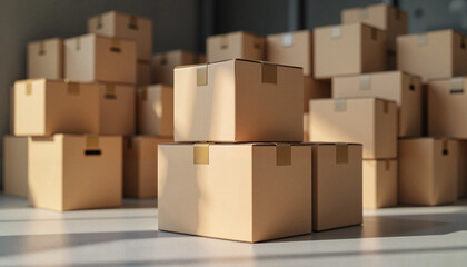 Carton mockup with stacked cardboard boxes in a modern setting