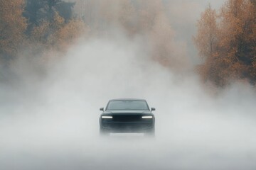 Mysterious Dark Car Moving Through Dense Fog in an Autumnal Wooded Area, Evoking a Sense of Mystery and Journey