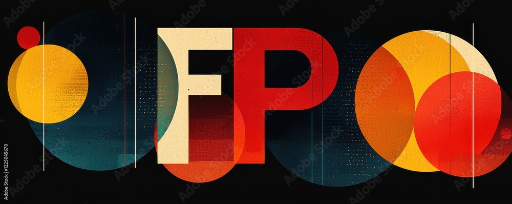Poster abstract design with vibrant text and geometric shapes on dark background