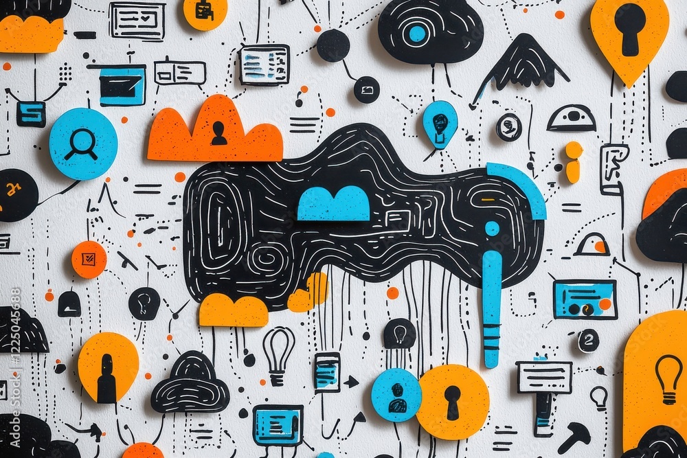 Poster abstract diagram representing network connections and technology concepts in vibrant colors