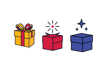 Gift Box Vector Icons: Sparkling, tied, and open present designs for celebrations such as Christmas, birthdays, weddings, parties, and special milestones.