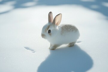 A small, fluffy rabbit exploring a pristine, snowy landscape under soft sunlight, creating a serene atmosphere