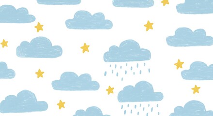 Collection of crayon drawn blue clouds and yellow cute stars in kid's style. Pencil drawings childish icons isolated on white.