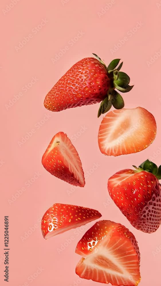 Poster Ripe strawberries and vibrant slices floating against a vivid pink background create a dynamic and enticing visual, highlighting the freshness and sweetness of this delicious fruit