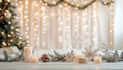 Christmas Home Interior Decor with Lights, Candles, and Pine Branches on a Snowy Shelf