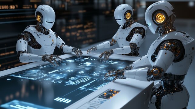 Robots working together on a holographic table, exchanging ideas for growth and innovation.