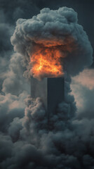Fototapeta premium Square platform fiery cloudscape smoke surreal background mystical backdrop