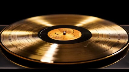 A golden vinyl spins, its reflective surface and label shining as soft music creates a nostalgic vibe in the dark background - Powered by Adobe