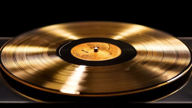 A golden vinyl spins, its reflective surface and label shining as soft music creates a nostalgic vibe in the dark background