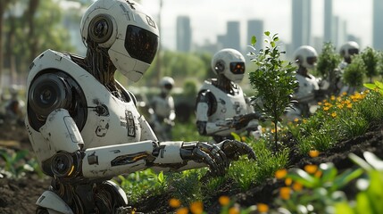 Robots planting trees in a futuristic garden, showing teamwork for ecological growth.
