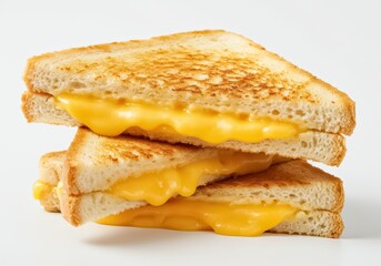 A high resolution close-up of two golden grilled cheese sandwiches stacked on top of each other