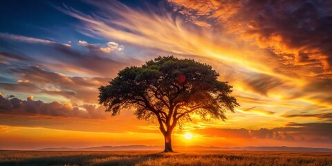 Obraz premium Vintage Sunset Tree Silhouette - Golden Hour Landscape Photography