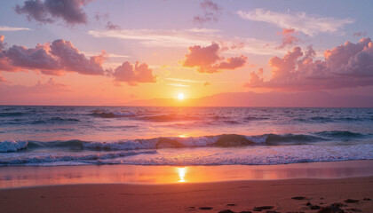 Fototapeta premium Serene sunset over ocean waves at sandy beach, peaceful beauty