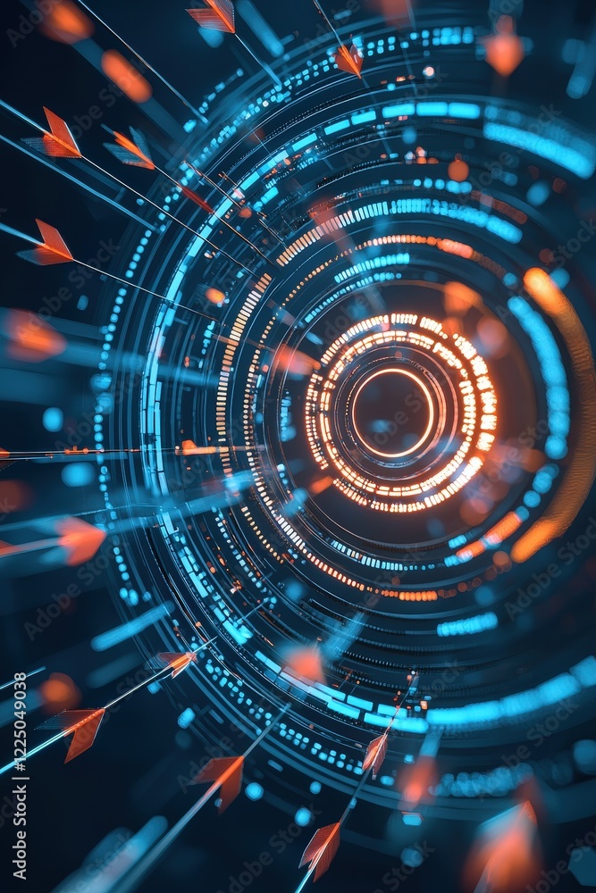 Poster abstract arrows flying toward a concentric target glowing with precision