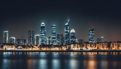 Fototapeta premium Modern town skyline at night showcasing illuminated buildings, reflections of buildings in the sea.