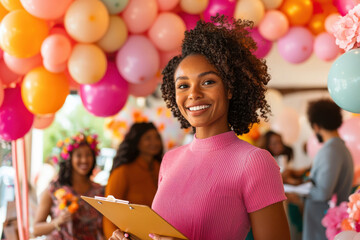 A vibrant event planner with a clipboard, surrounded by colorful decorations, busy guests.
