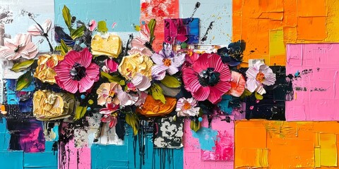 A celebration of color and form with an abstract floral composition on geometric blocks.