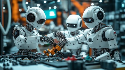 Robots assembling a robotic arm together, demonstrating growth through collaboration.