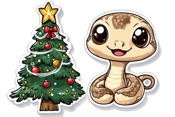 Fototapeta premium Cute chibi snake sitting beside a decorated Christmas tree with stars