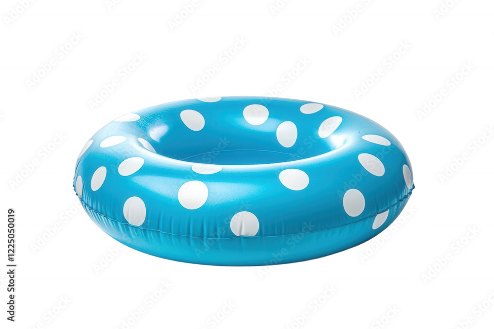 Poster bright blue inflatable pool float with white polka dots ideal for summer fun at the beach or pool, p