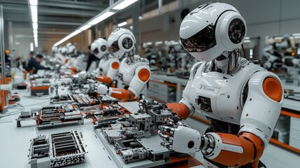 Robots working in a minimalist workshop, assembling components together.