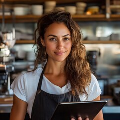 Professional Female Restaurateur Using Digital Tablet for Business Operations