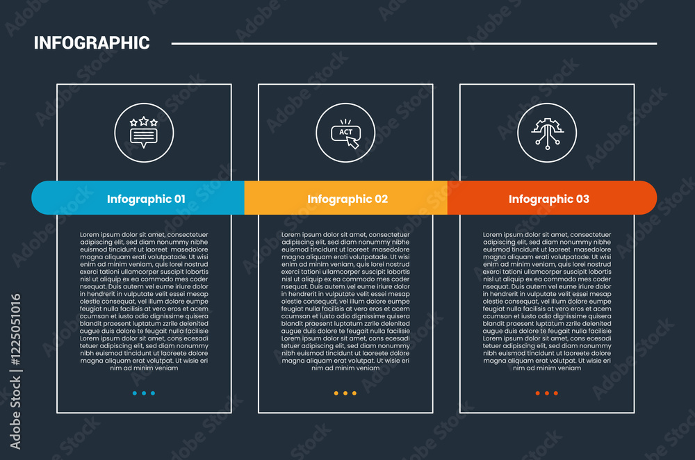 Poster process stages workflow infographic dark outline for slide presentation with sharp table box with ro