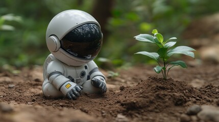 Mini Astronaut Planting a Sapling: A Symbol of Environmental Conservation and Future Growth