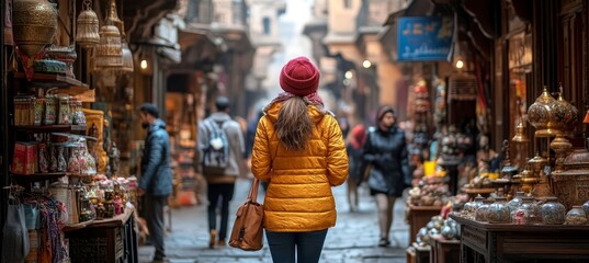 Fototapeta premium Woman Walking Through Busy Market In The City With Traditional Shops And Crowds Of People