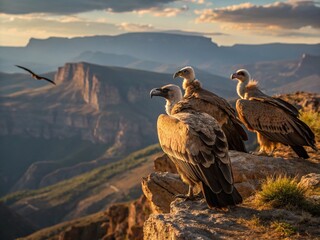 Fototapeta premium Vulture Trio Awaits: Dramatic Landscape Photography of Three Vultures on a Cliff