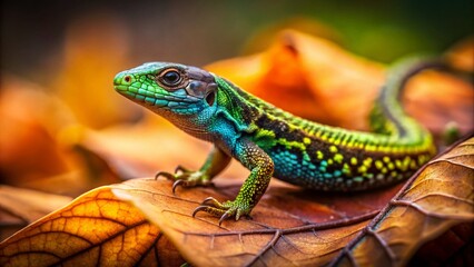 Naklejka premium Wall Lizard Regrown Tail on Withered Leaf - Tilt-Shift Miniature Photography