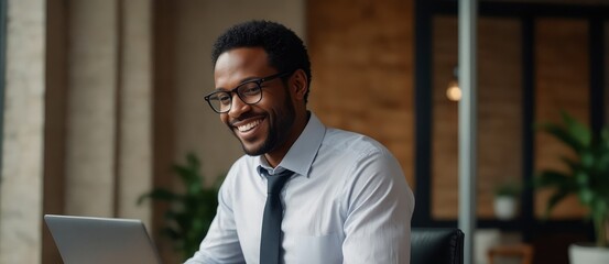 A happy black man typing on his laptop in a professional setting, crafting a report or web content, exuding confidence as a writer
