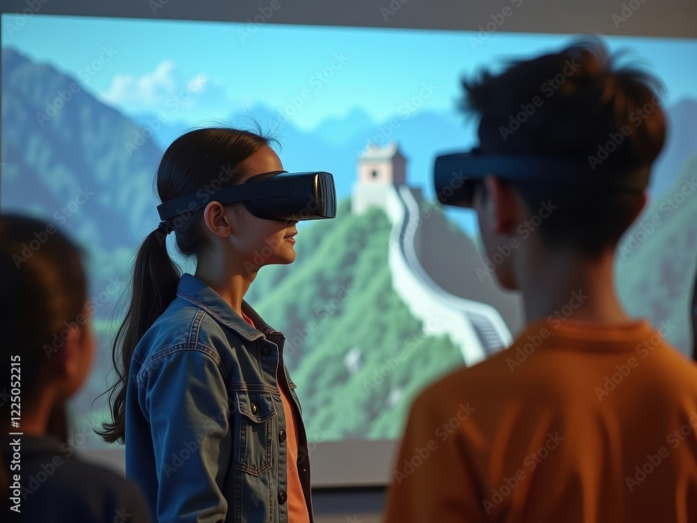 Poster children exploring augmented reality while wearing vr headsets in an interactive learning environmen
