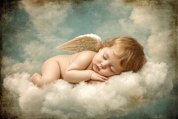 A peaceful angel with delicate wings sleeping on a soft, fluffy cloud in the sky