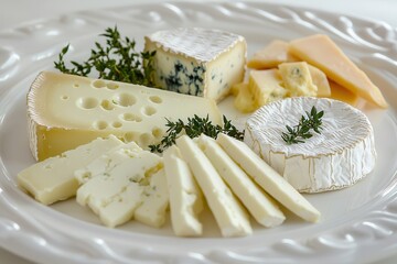 A gourmet cheese platter with artisanal selections and charcuterie. Assorted cheese platter with herbs on an elegant white plate.