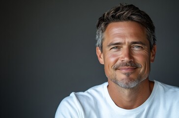 Fototapeta premium Smiling middle-aged man in a casual white shirt with gray background