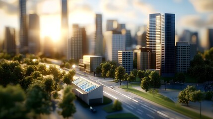  An intimate magazine-style image of peak energy power with solar technology integrated into a modern urban setting 