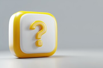 3D icon of a speech bubble with a question mark, in a white and yellow color scheme, made of a matte plastic material, in an isometric view, rendered in Blender, on a light background 