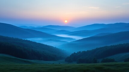 Serene sunrise over mountain valleys nature landscape photography early morning peaceful environment wide angle view