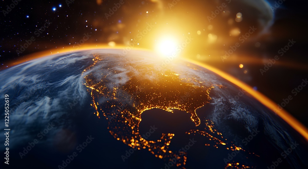 Poster a beautiful earth floating in the sky, surrounded by clouds and light rays shining down on it. the s