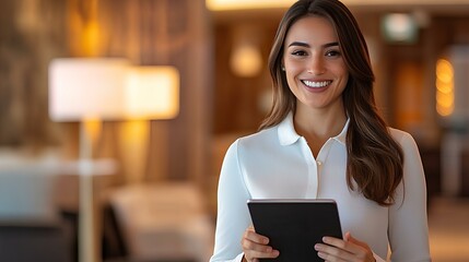A businesswoman is walking through the hotel lobby, smiling and holding an iPad in her hand while looking at it. She wears black trousers with a white polo-neck shirt 