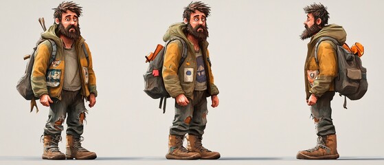 Cartoon Homeless Man Character with Beard Showing Tired Expression - Illustration for Creative Projects